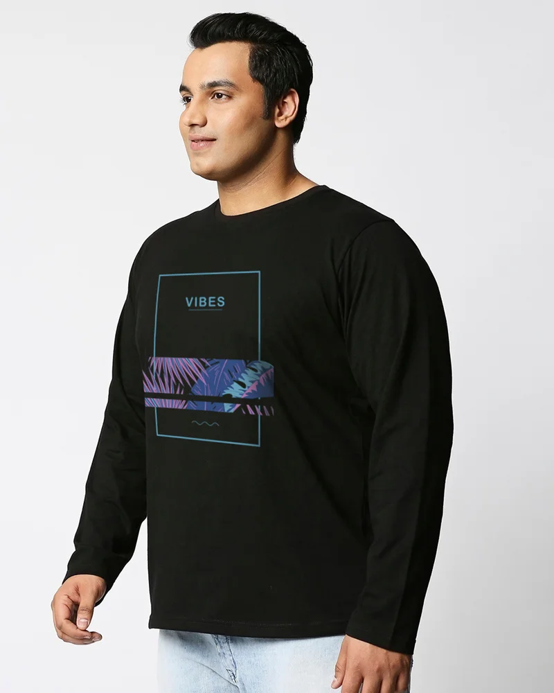 بيواكوف Men's Black Blue Vibes Graphic Printed Plus Size T-shirt